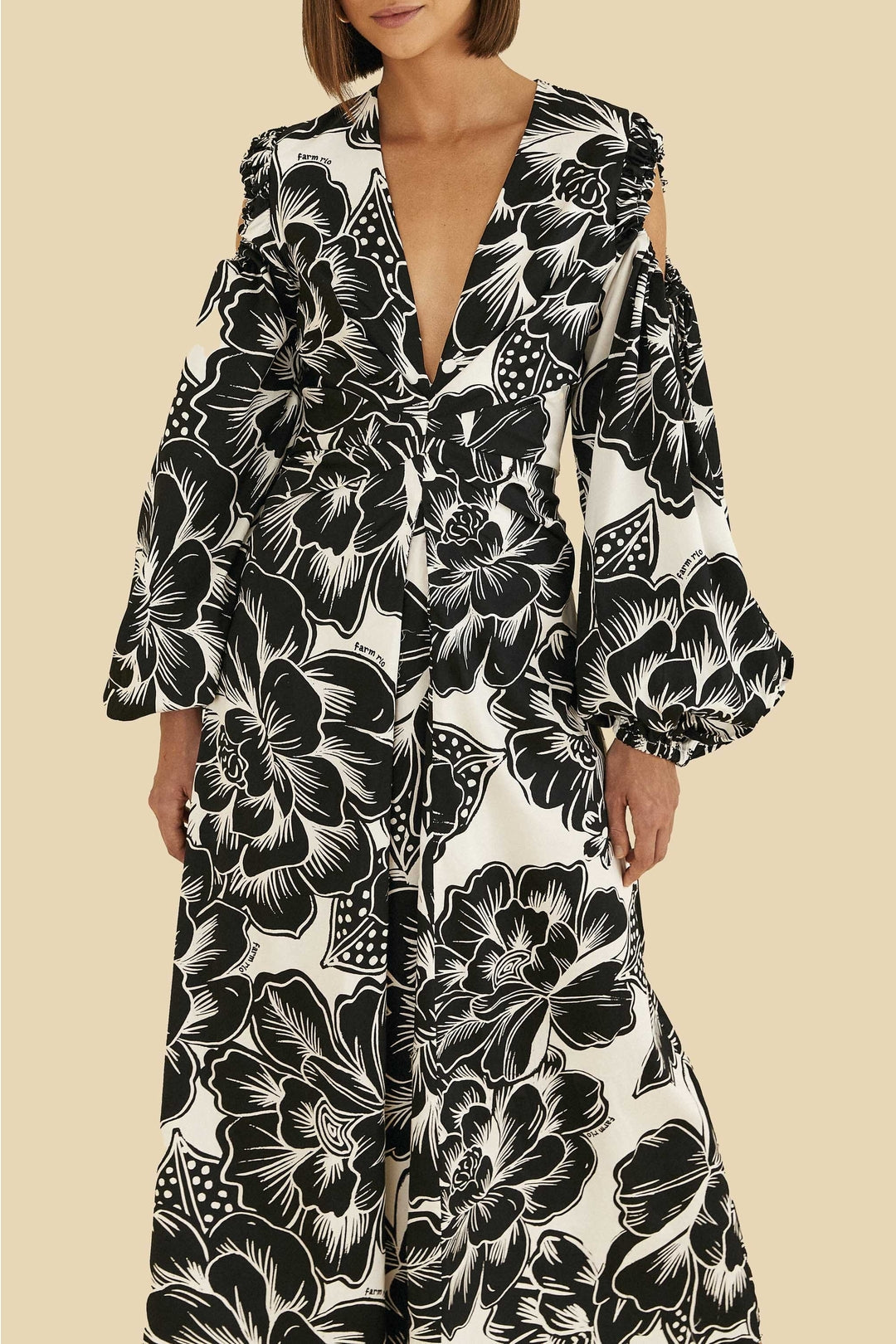 Robe longue Chita Woodcut à encolure en V en coton - Blanc