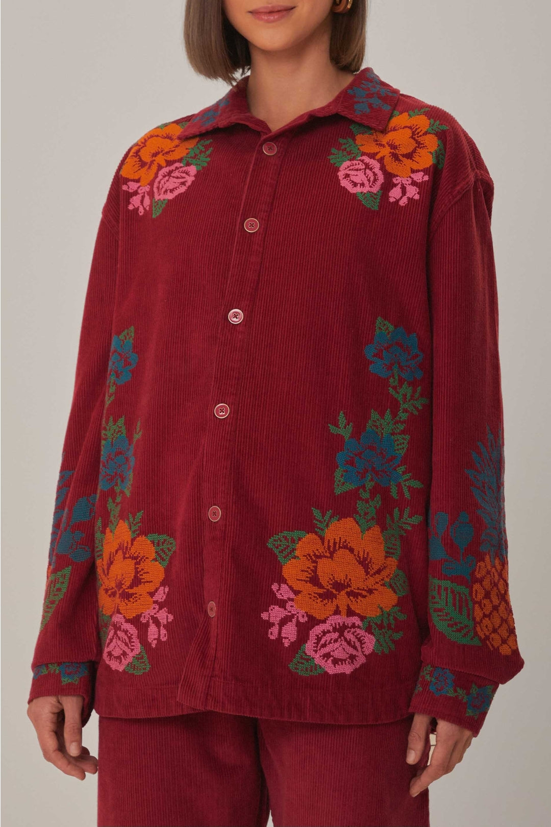 Chemise brodée en velours côtelé en coton - Bordeaux
