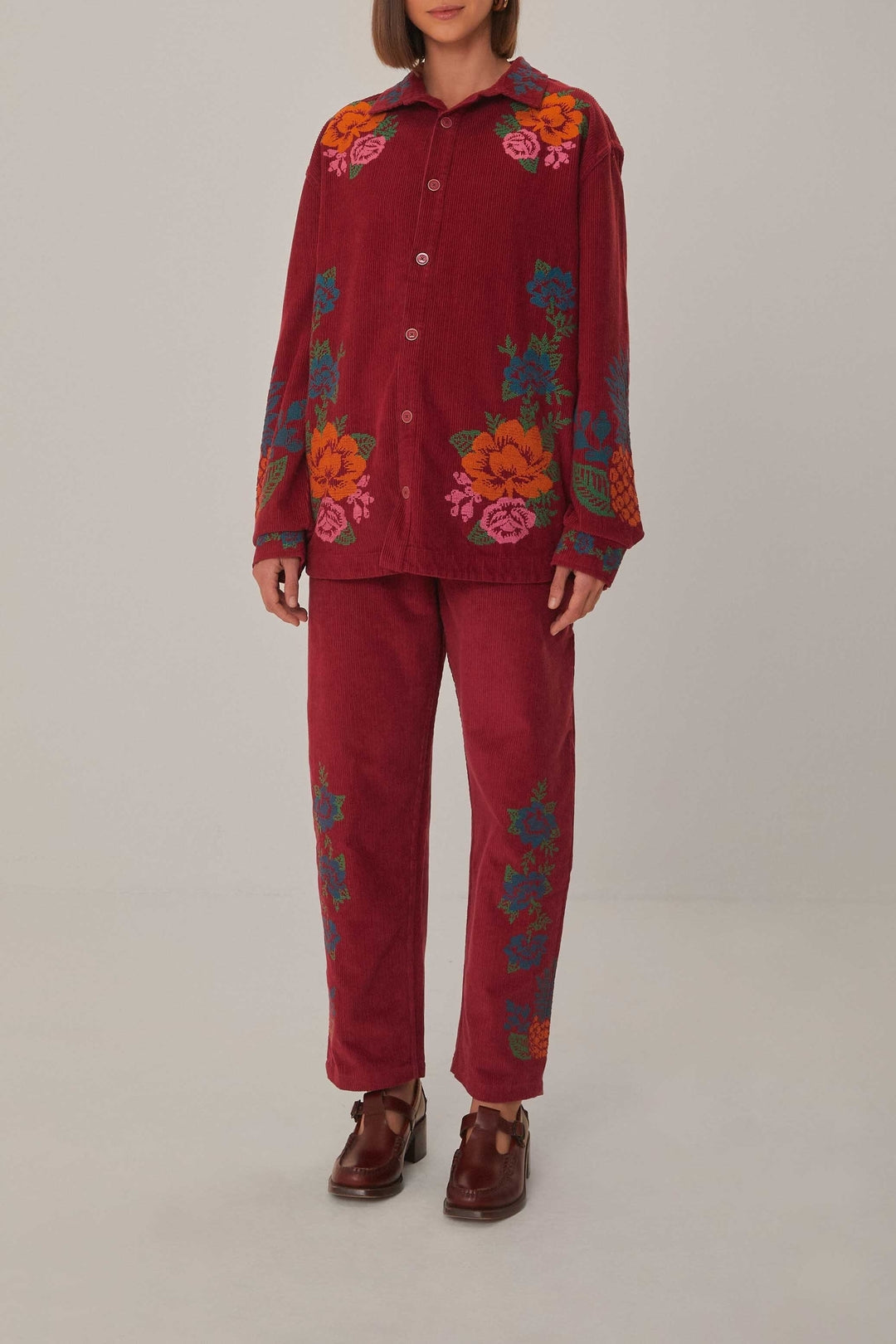 Chemise brodée en velours côtelé en coton - Bordeaux