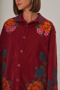 Chemise brodée en velours côtelé en coton - Bordeaux