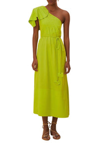 Robe longue asymétrique à motif feuilles en lin - Vert
