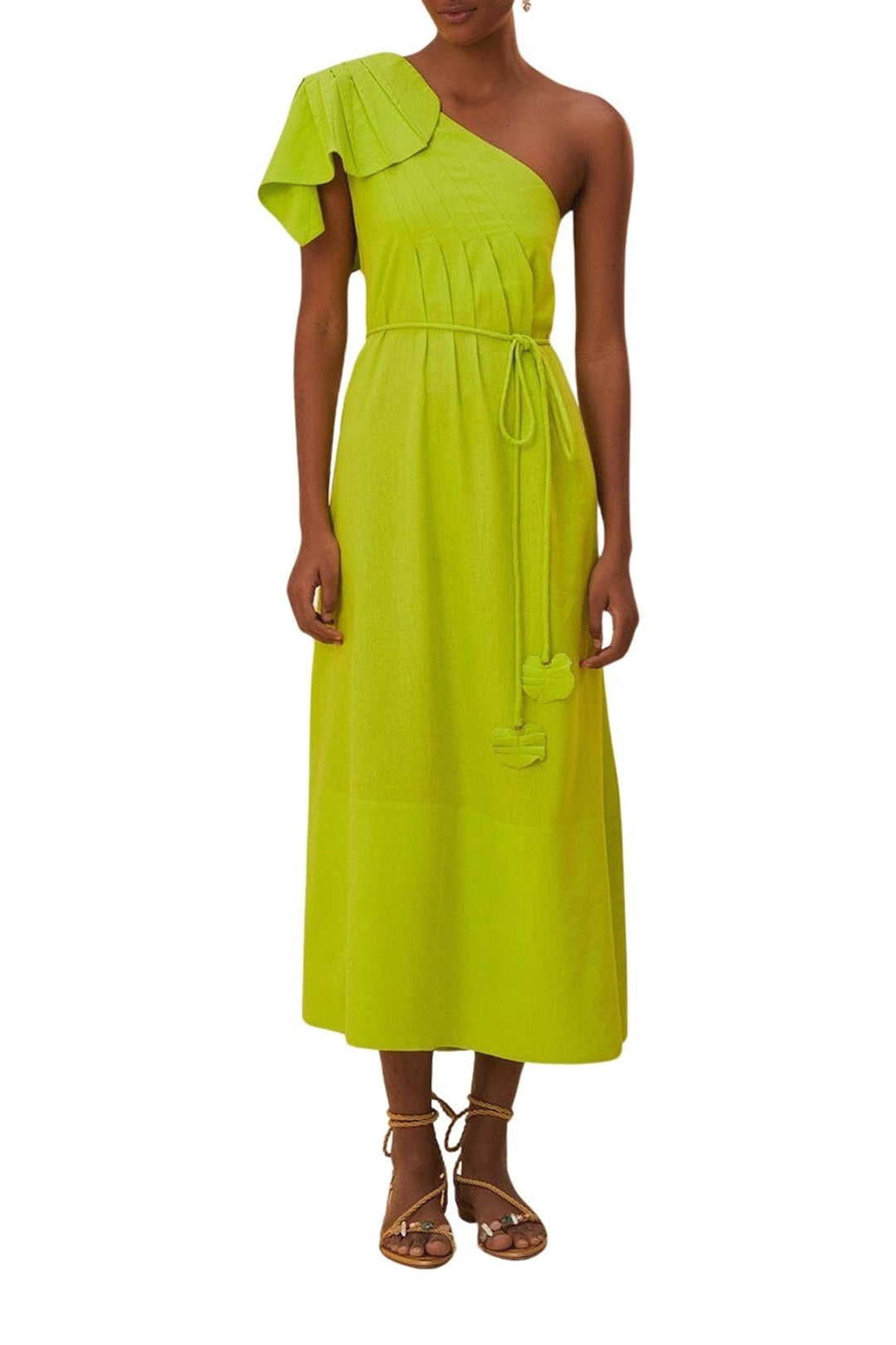 Robe longue asymétrique à motif feuilles en lin - Vert