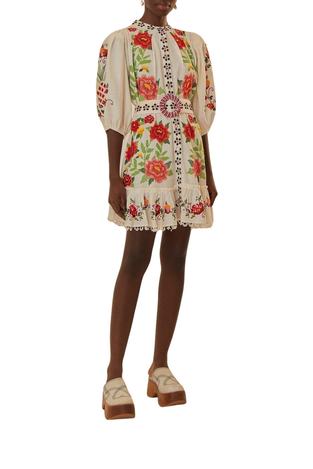 Robe courte à fleurs brodées carmin en lin - Blanc