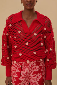 Pull Coeurs faits main en maille en coton - Rose