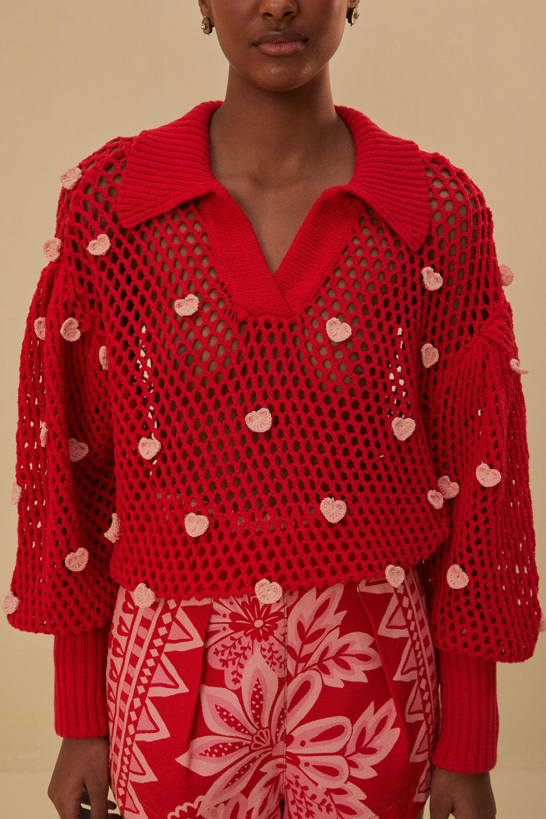 Pull Coeurs faits main en maille en coton - Rose