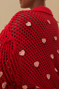 Pull Coeurs faits main en maille en coton - Rose
