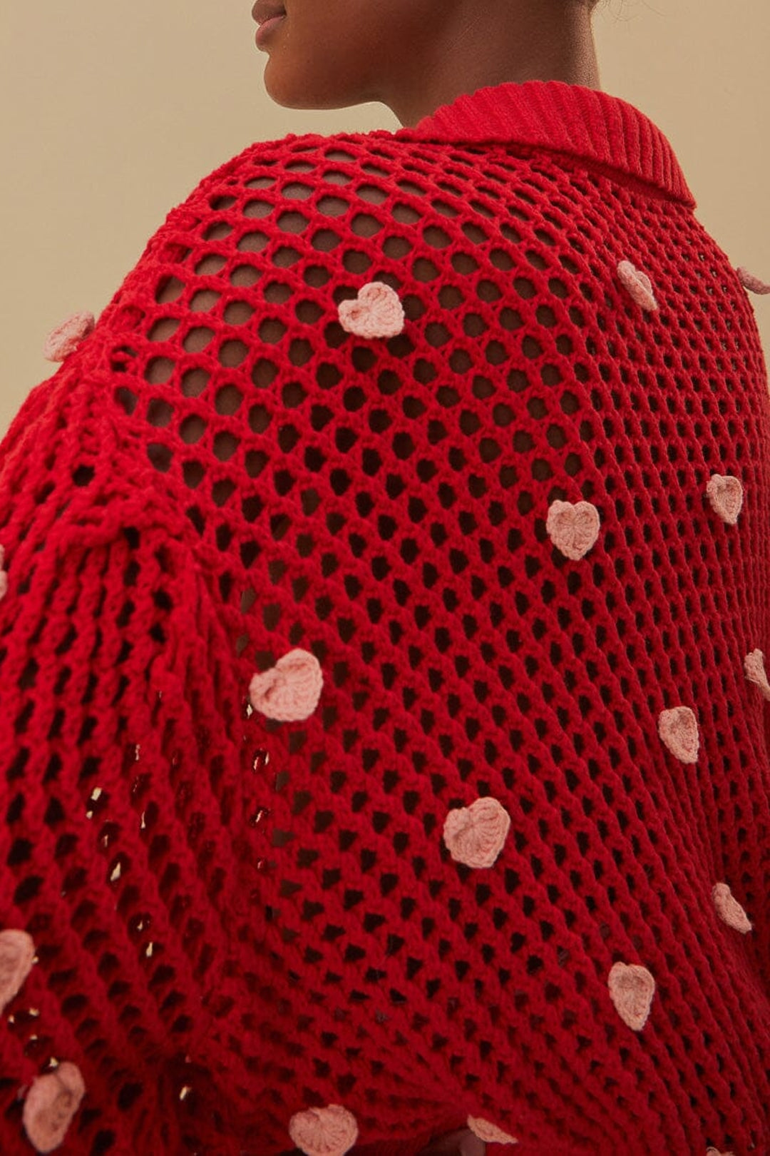 Pull Coeurs faits main en maille en coton - Rose