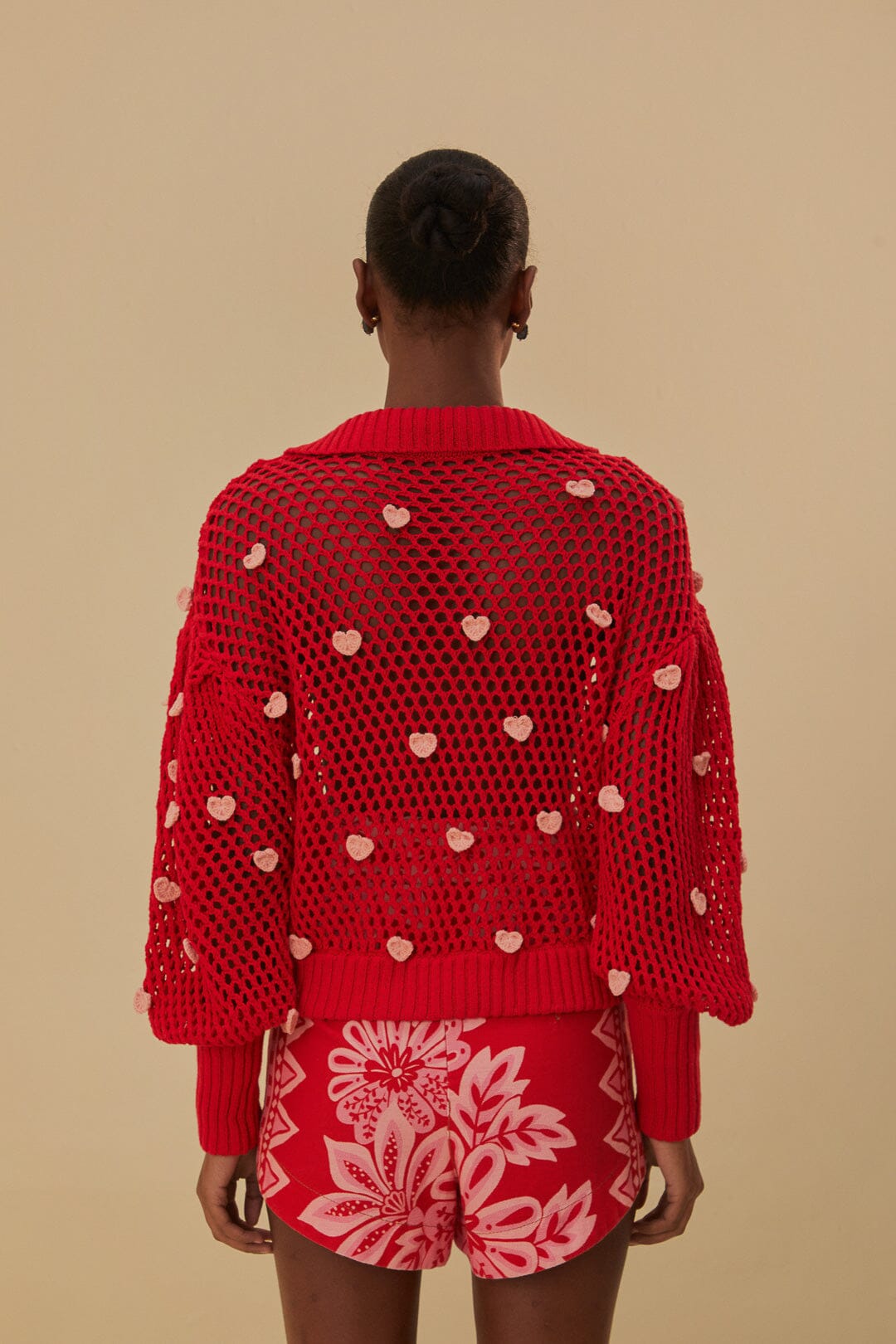 Pull Coeurs faits main en maille en coton - Rose