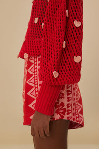 Pull Coeurs faits main en maille en coton - Rose
