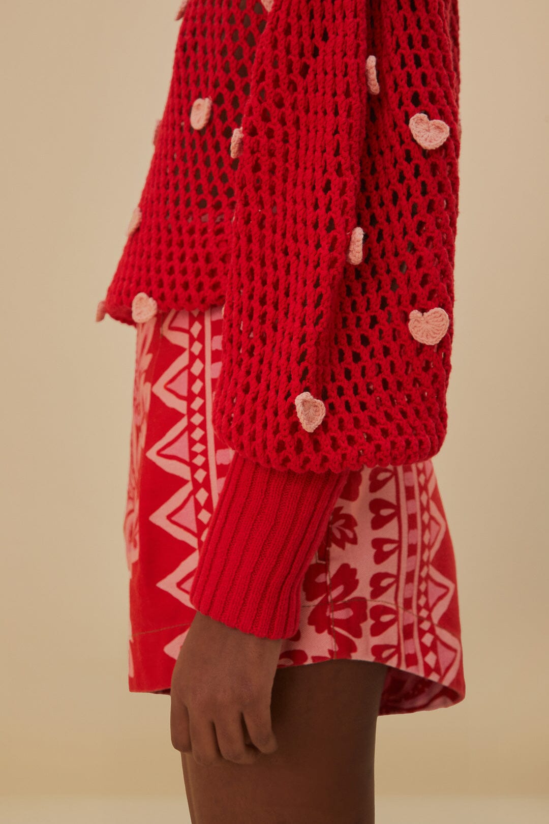 Pull Coeurs faits main en maille en coton - Rose