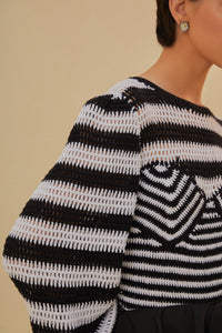 Pull à manches bouffantes à rayures en crochet en coton - Noir
