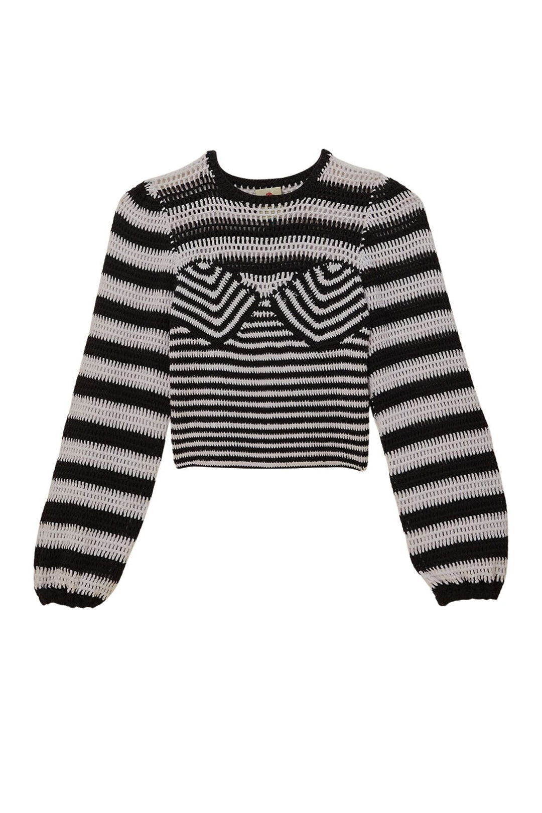Pull à manches bouffantes à rayures en crochet en coton - Noir