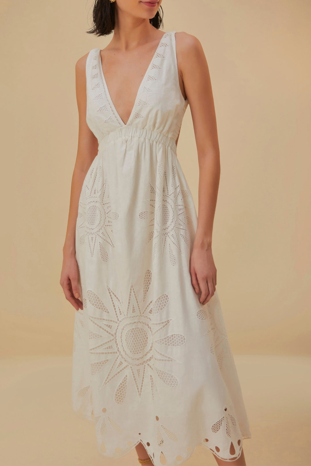 Robe longue sans manches Richelieu en lin - Blanc
