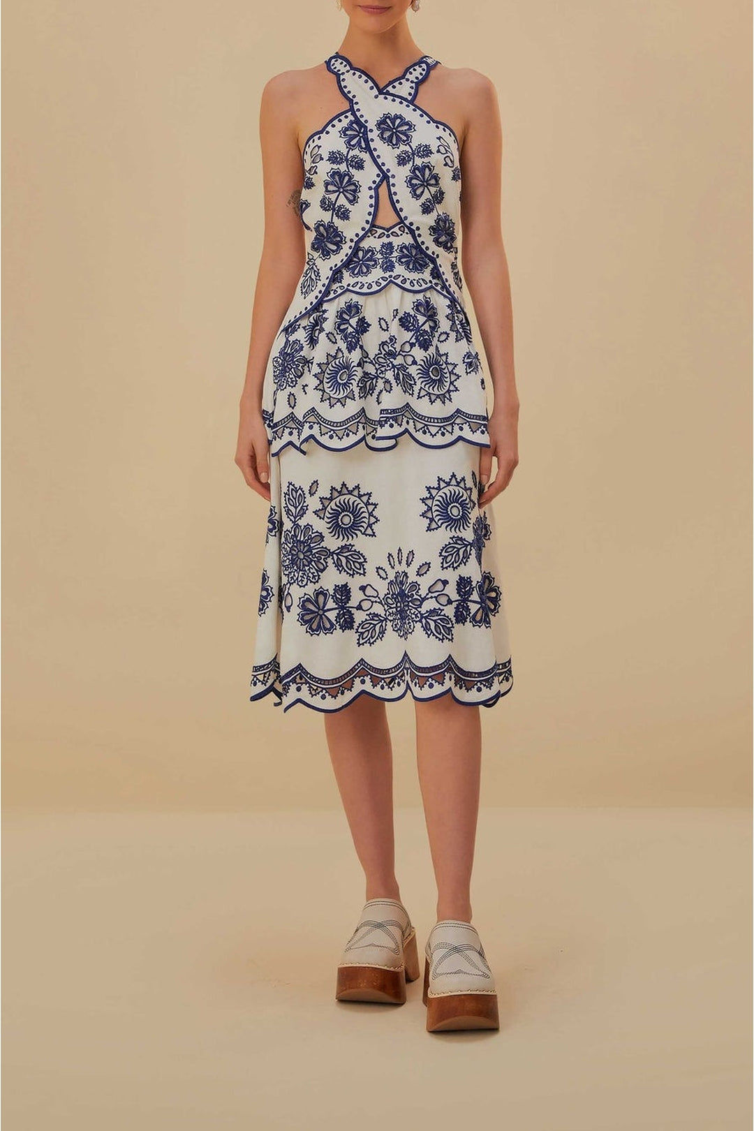 Robe midi Richelieu à découpes sans manches en lin - Blanc