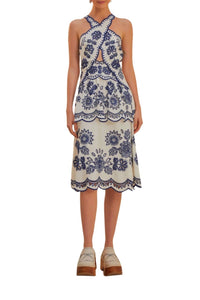 Robe midi Richelieu à découpes sans manches en lin - Blanc