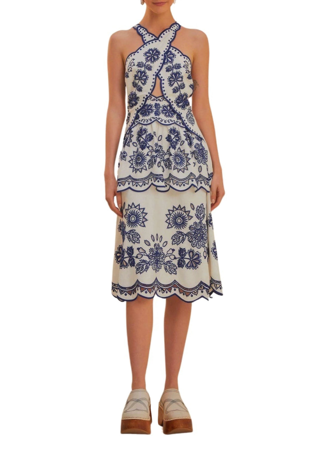 Robe midi Richelieu à découpes sans manches en lin - Blanc