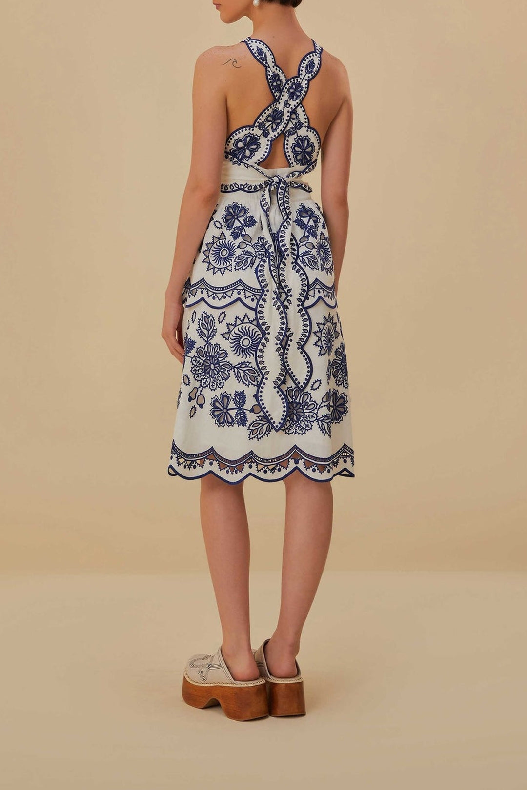 Robe midi Richelieu à découpes sans manches en lin - Blanc