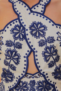 Robe midi Richelieu à découpes sans manches en lin - Blanc