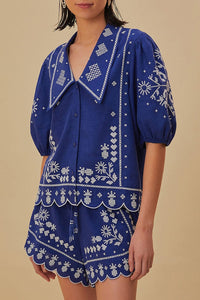 Short brodé en lin - Bleu