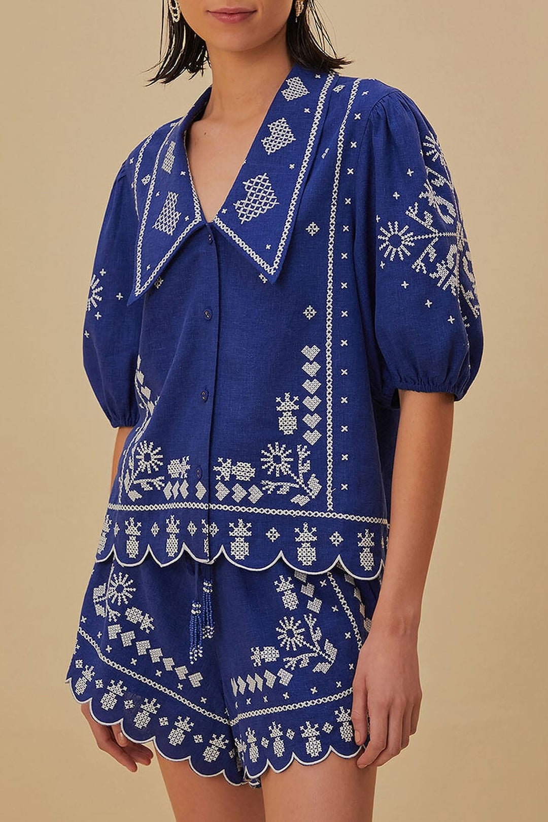 Short brodé en lin - Bleu