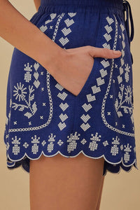 Short brodé en lin - Bleu