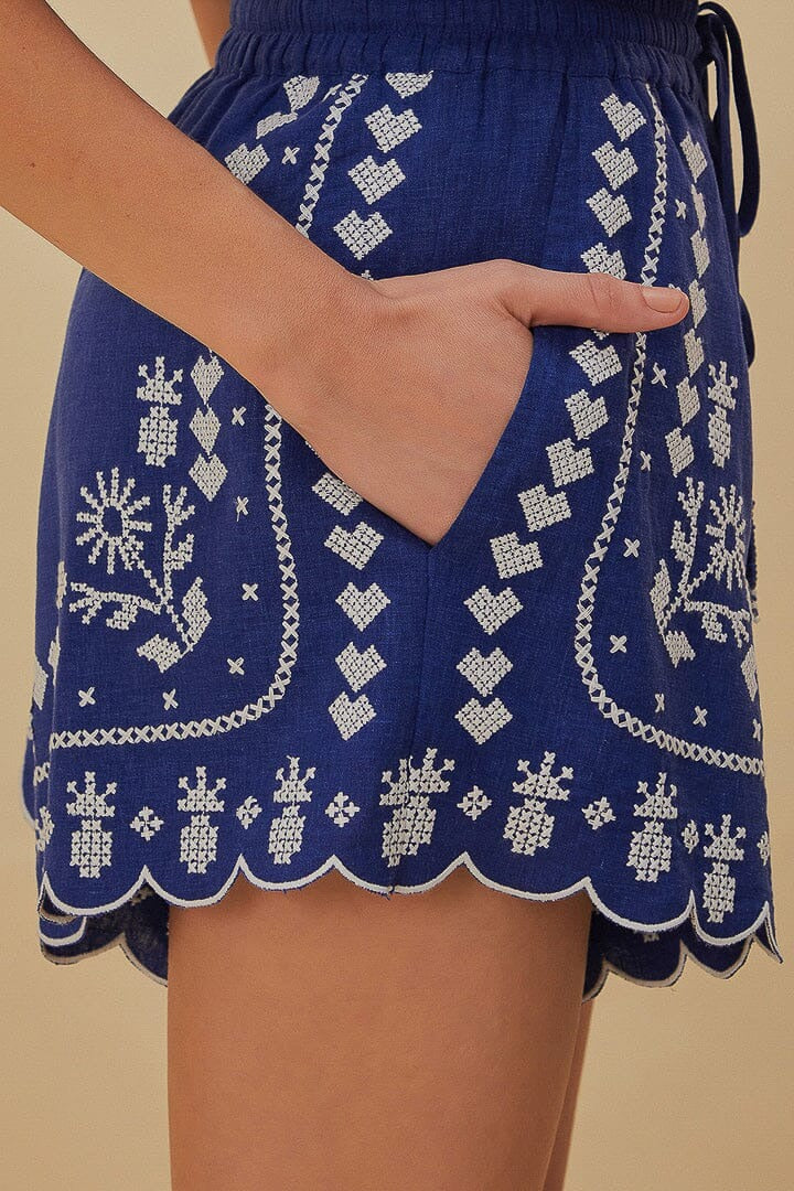 Short brodé en lin - Bleu