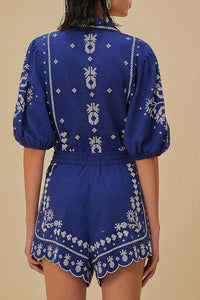 Short brodé en lin - Bleu