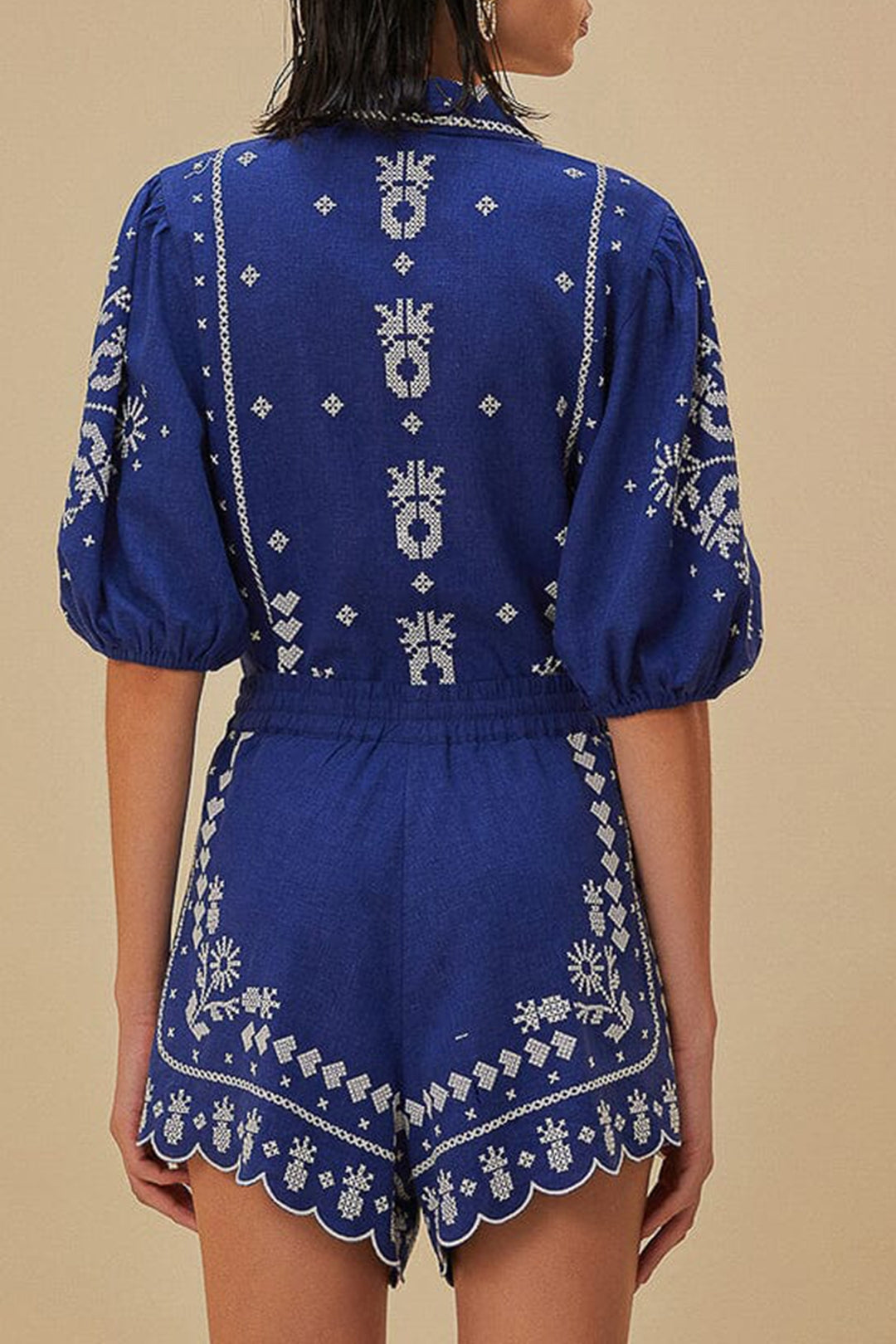 Short brodé en lin - Bleu