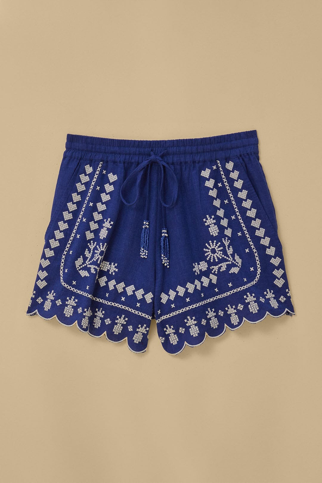 Short brodé en lin - Bleu