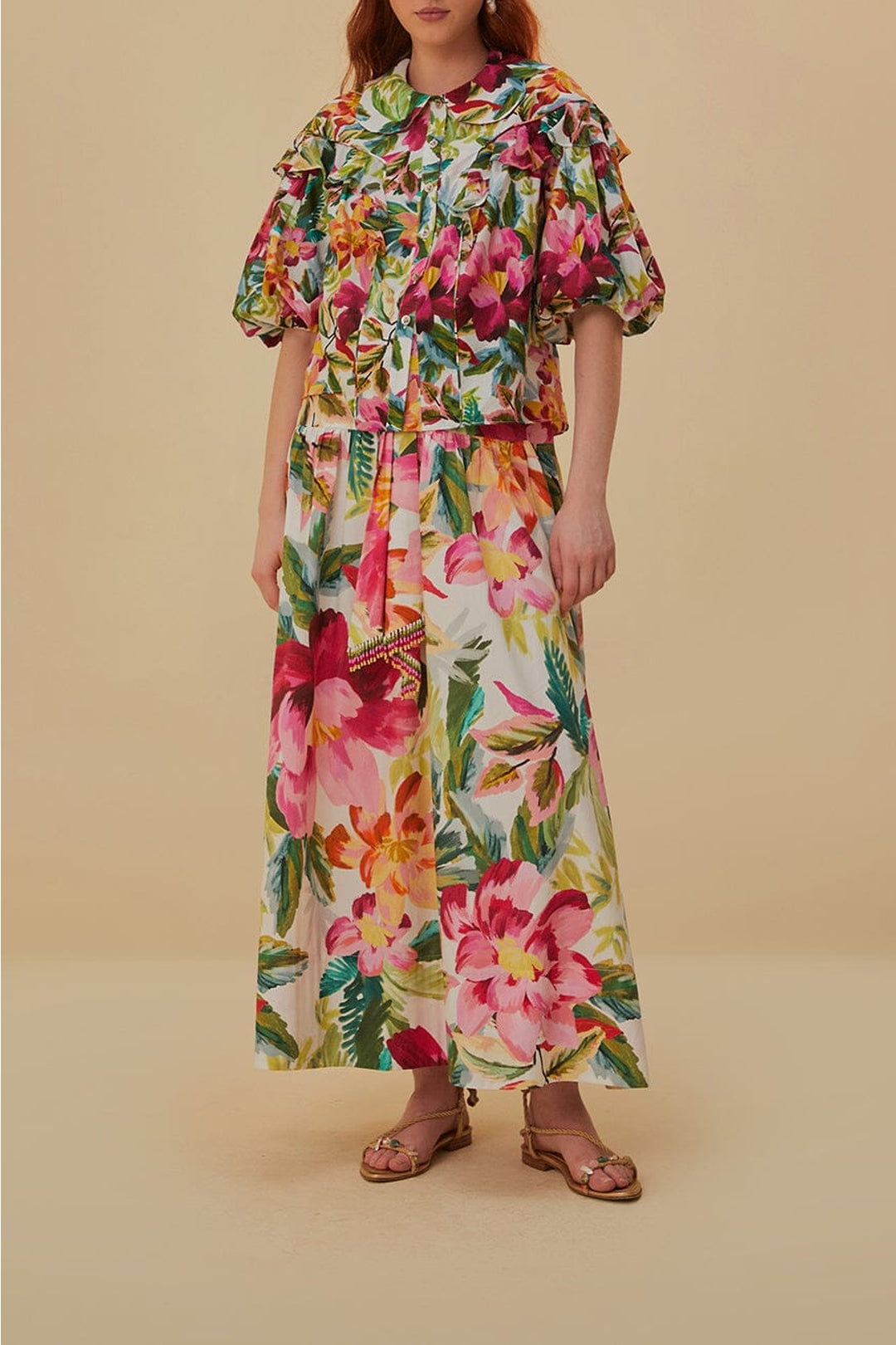 Blouse Painted Flowers à manches courtes en coton - Multicolor