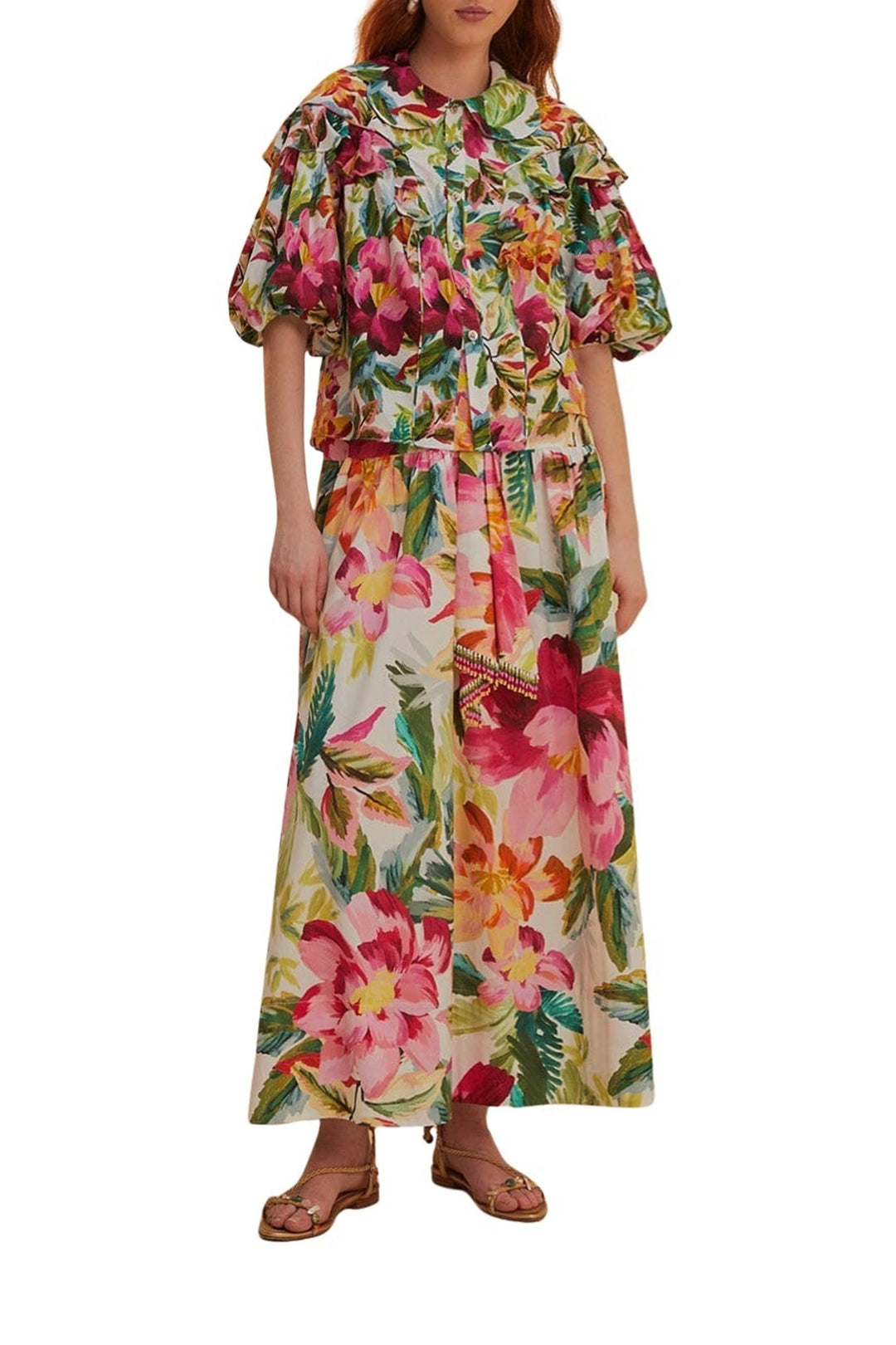 Blouse Painted Flowers à manches courtes en coton - Multicolor