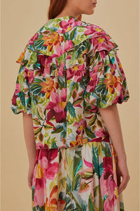 Blouse Painted Flowers à manches courtes en coton - Multicolor