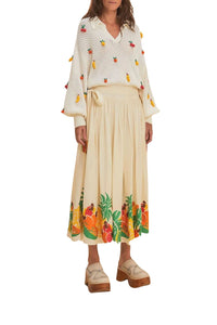 Jupe midi à nœud latéral et fruits brodés en coton - Blanc