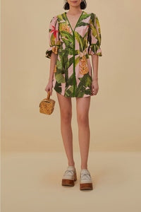 Robe courte à col V Banana Leaves en coton mélangé - Vert