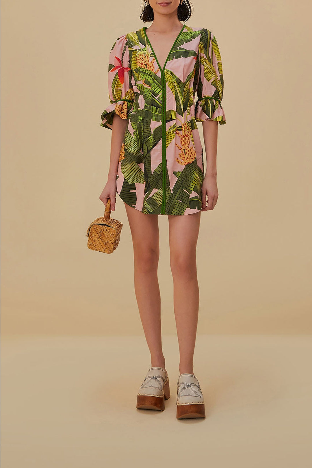 Robe courte à col V Banana Leaves en coton mélangé - Vert
