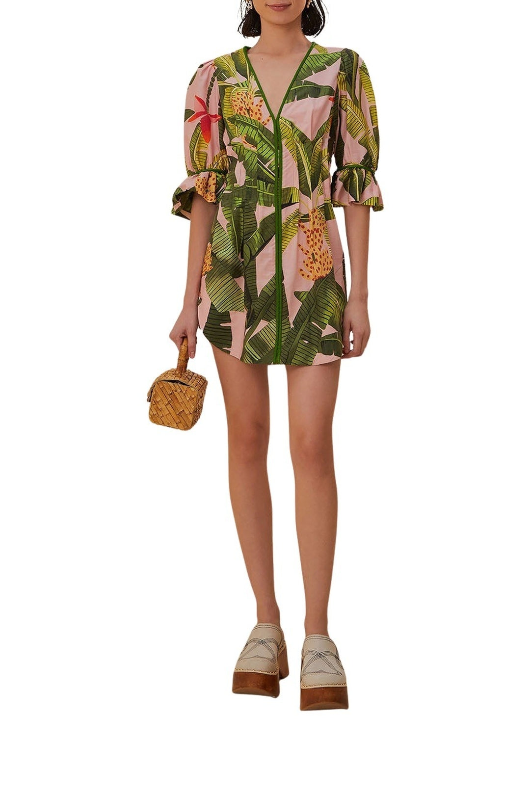Robe courte à col V Banana Leaves en coton mélangé - Vert