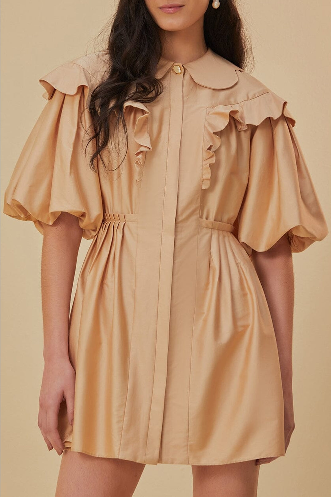 Robe courte à manches courtes en coton - Beige