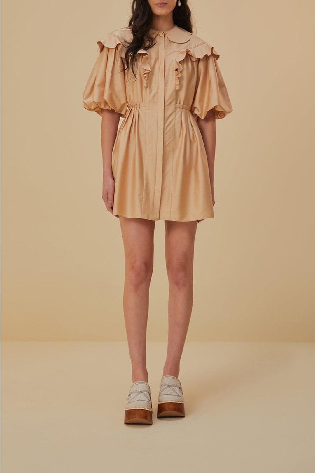 Robe courte à manches courtes en coton - Beige