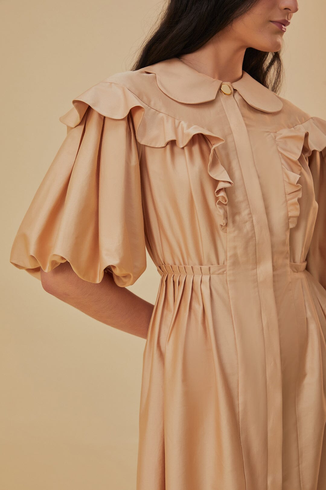 Robe courte à manches courtes en coton - Beige