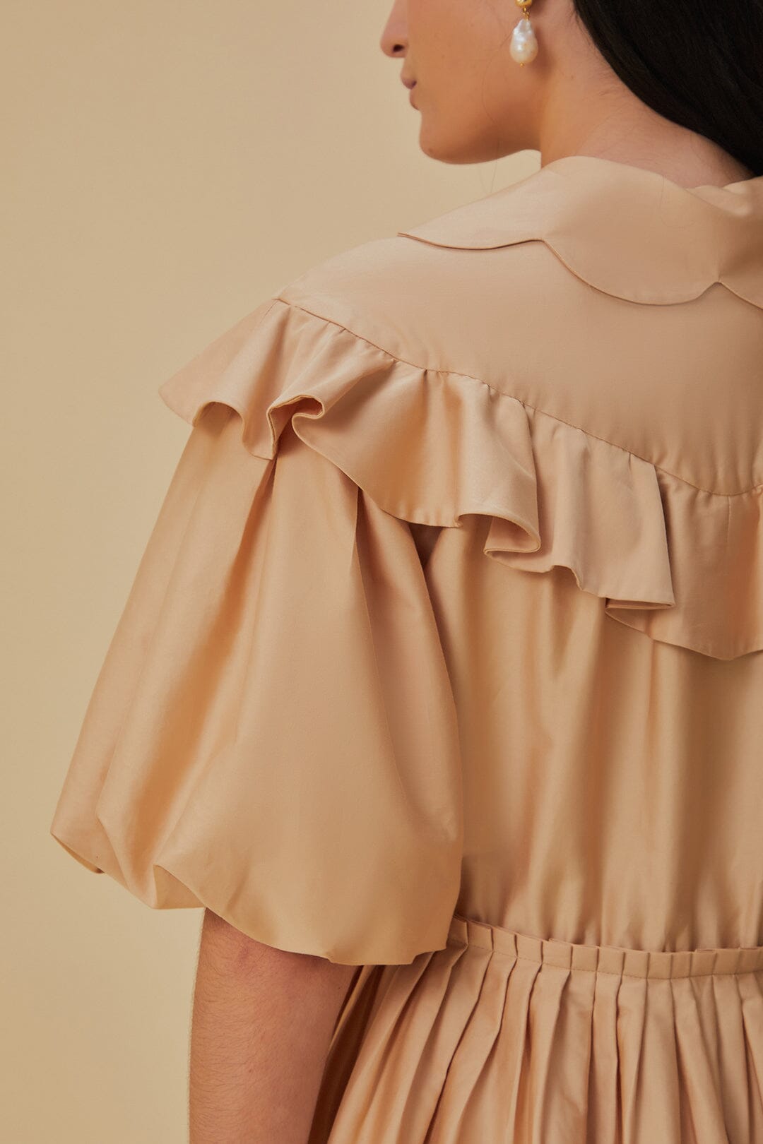 Robe courte à manches courtes en coton - Beige