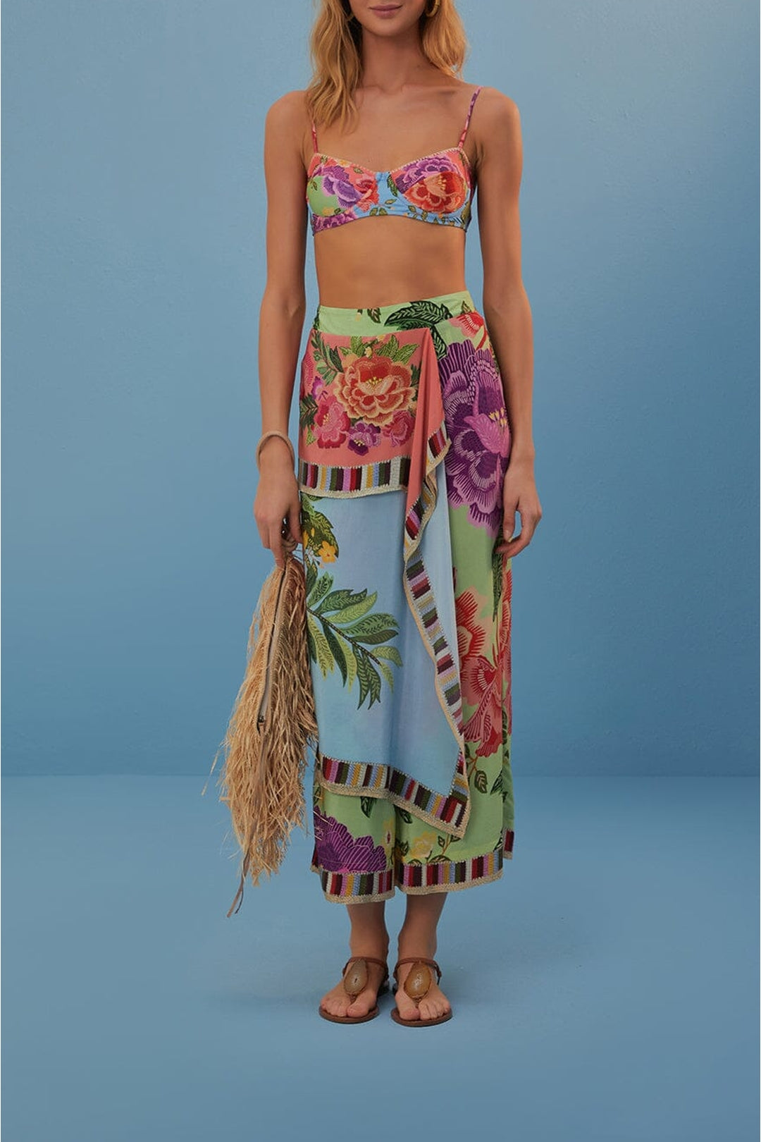 Pantalon façon paréo à fleurs - Multicolore