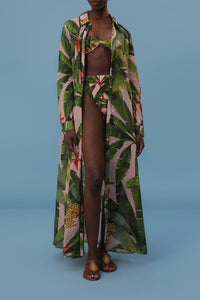 Kimono long Banana Leaves en coton - Vert