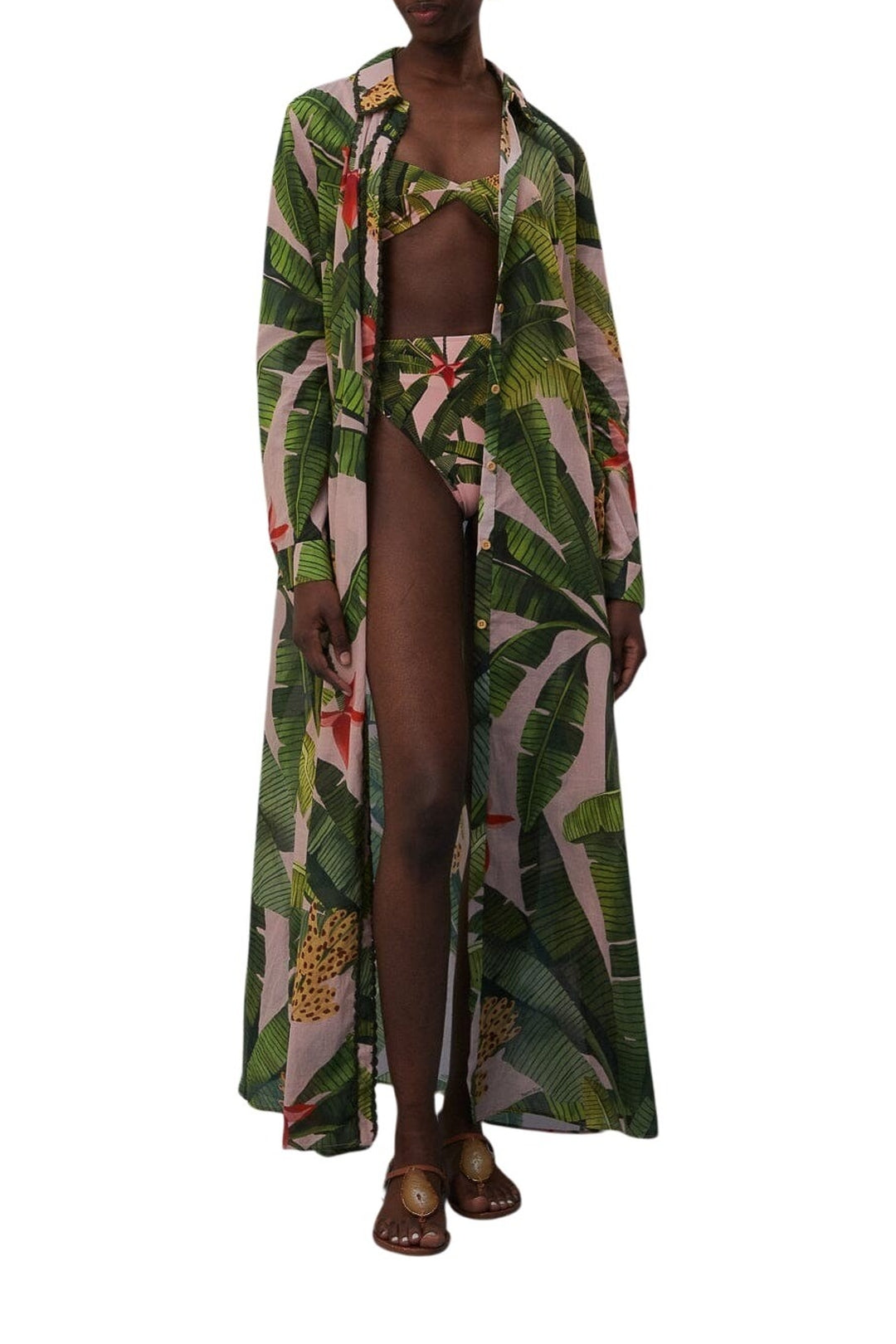 Kimono long Banana Leaves en coton - Vert