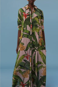 Kimono long Banana Leaves en coton - Vert