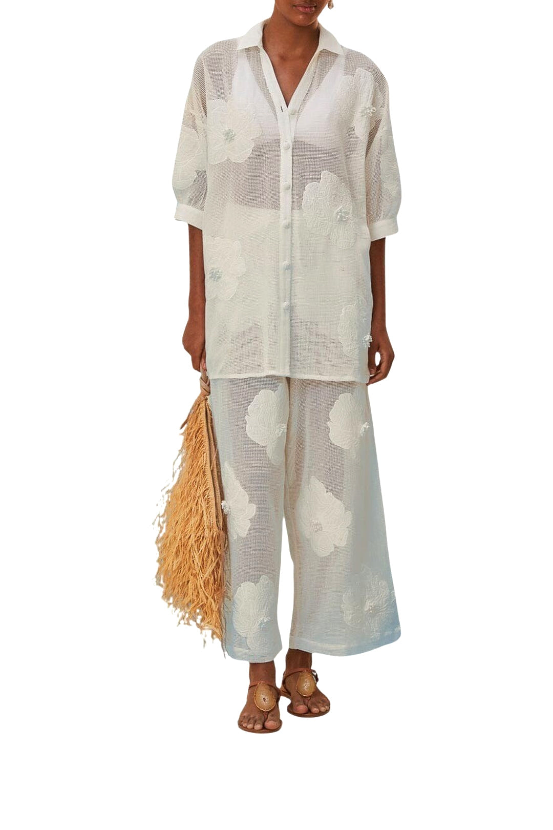 Pantalon à fleurs en coton - Blanc