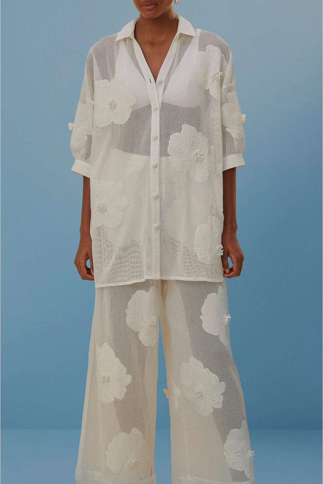 Pantalon à fleurs en coton - Blanc
