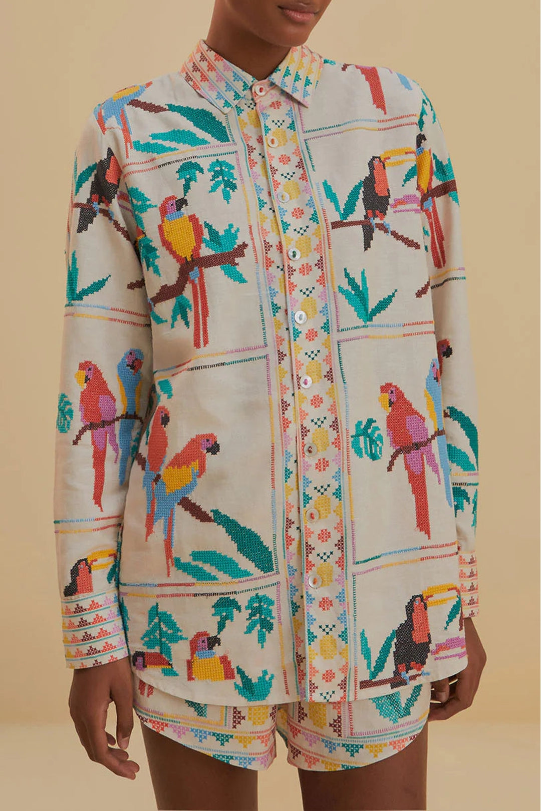 Short Stitched Birds en lin - Blanc
