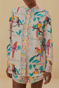 Chemise à manches longues à motif Tropical en lin - Blanc
