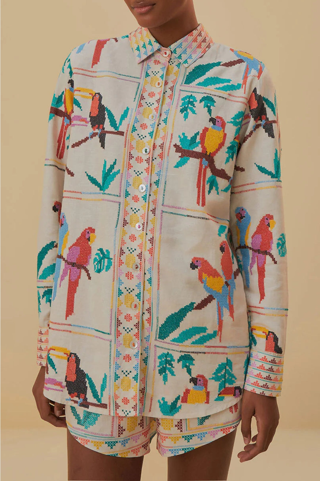 Chemise à manches longues à motif Tropical en lin - Blanc