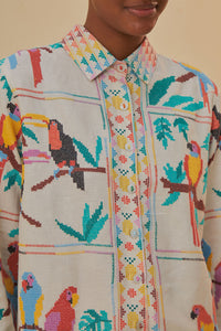 Chemise à manches longues à motif Tropical en lin - Blanc